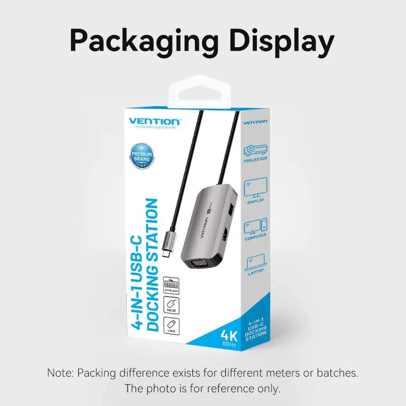 Vention USB-C 4-in-1 Docking Station – HDMI, VGA, USB 3.0, 100W PD Charging