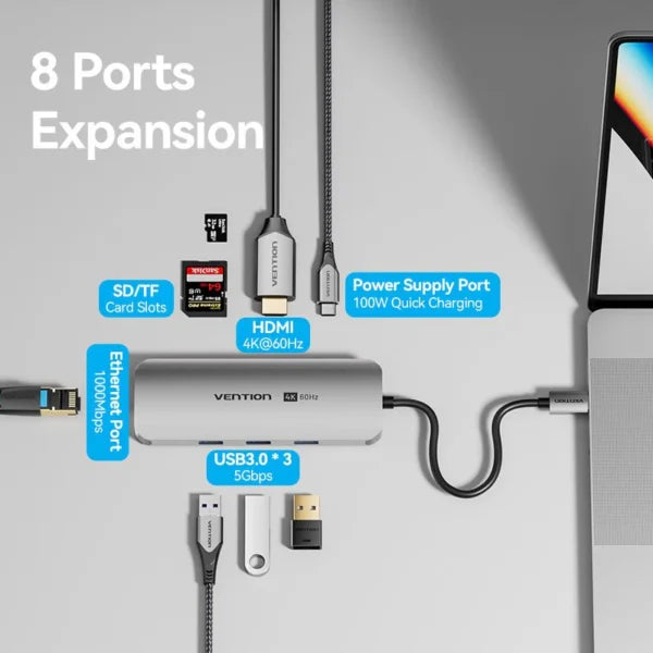 Vention 8-in-1 USB-C 100W Docking Station (3 x USB 3.0, RJ45, SD/TF,HDMI, 100W PD)-TQKHB