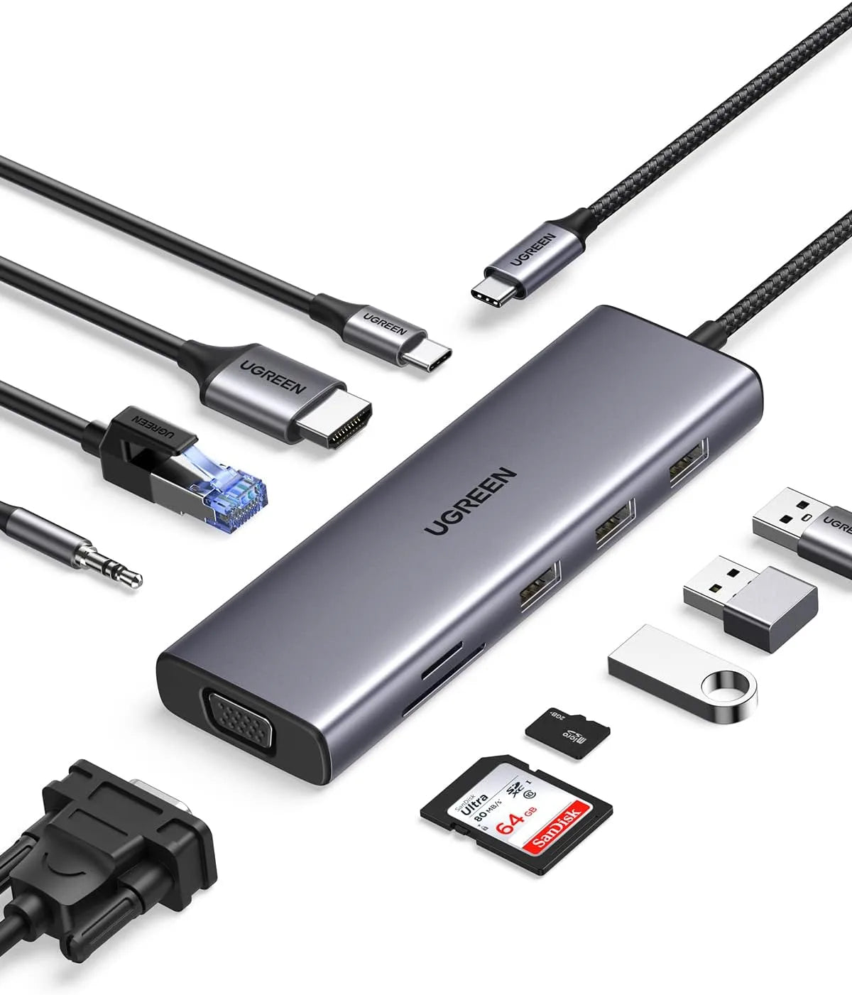 UGREEN USB-C 10-in-1 Docking Station with 4K HDMI and VGA, 1Gbps Ethernet, 100W PD, 3 USB 3.0 Ports, 3.5mm Audio Jack, SD/TF Card Slots, Multi Adapter