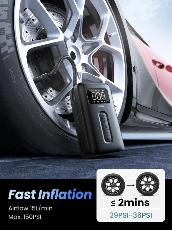 UGREEN Tyre Inflator Portable Cordless Electric Air Pump 150PSI Auto-Off Car Tyre Pump with LED Light Digital Gauge for Accurate Pressure Readings CD259 40121