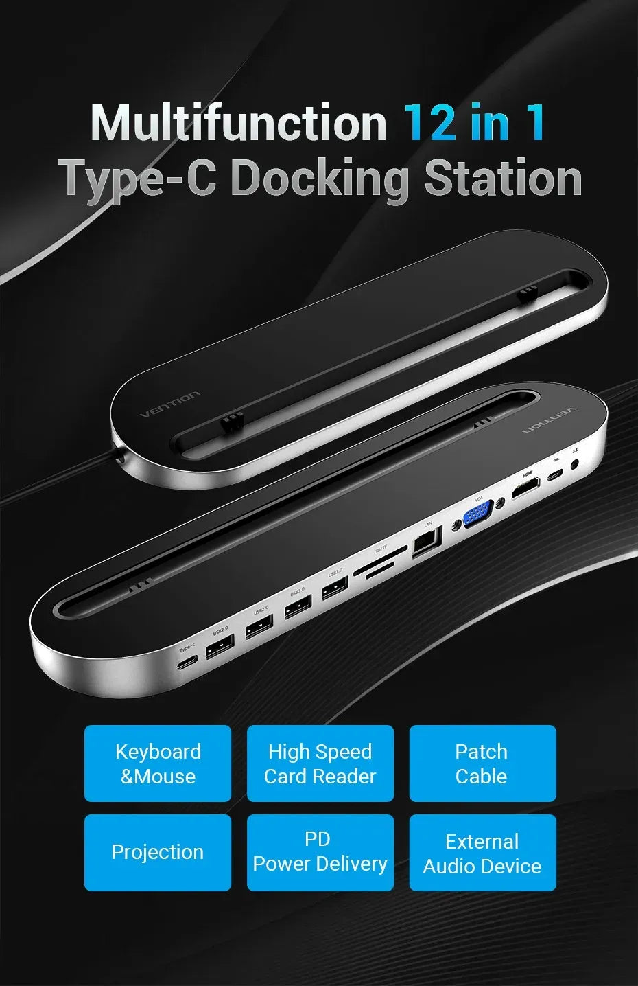 Vention USB-C MULTI-FUNCTIONAL 12 in 1 DOCKING STATION (VEN THEBC) Type-C to HDMI/VGA,USB-C/ USB2.0*2/ USB3.0*2/SD/TF/ RJ45/ VGA/ HDMI/ PD/ 3.5mm