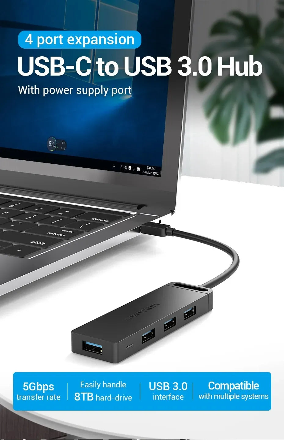 Vention Type-C to 4-Port USB 3.0 Hub with Power Supply Black 0.15M ABS Type (VEN TGKBB)
