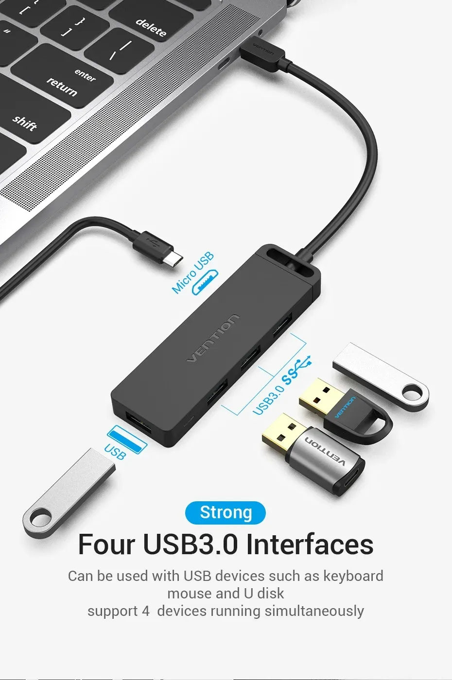 Vention Type-C to 4-Port USB 3.0 Hub with Power Supply Black 0.15M ABS Type (VEN TGKBB)