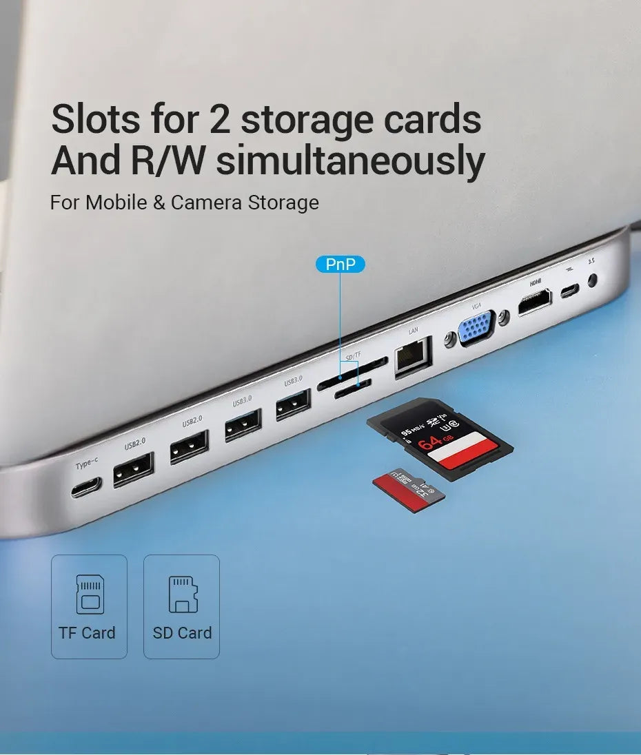 Vention USB-C MULTI-FUNCTIONAL 12 in 1 DOCKING STATION (VEN THEBC) Type-C to HDMI/VGA,USB-C/ USB2.0*2/ USB3.0*2/SD/TF/ RJ45/ VGA/ HDMI/ PD/ 3.5mm