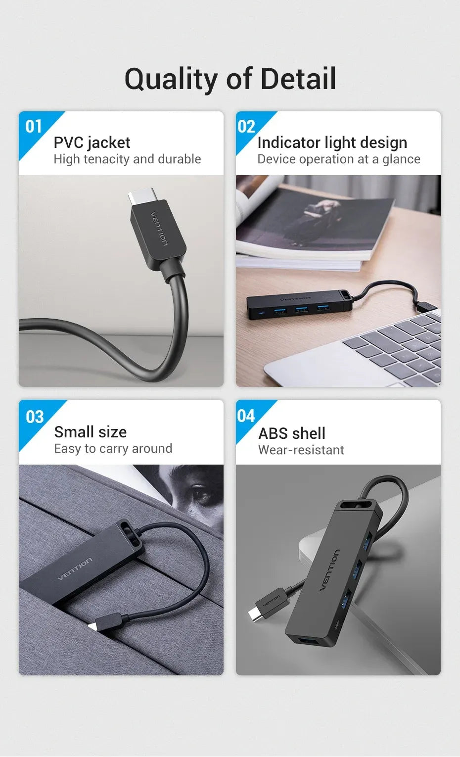 Vention USB-C to 4-Port USB 3.0 Hub with Power Supply – 0.5M Cable, Black ABS (VEN TGKBD)