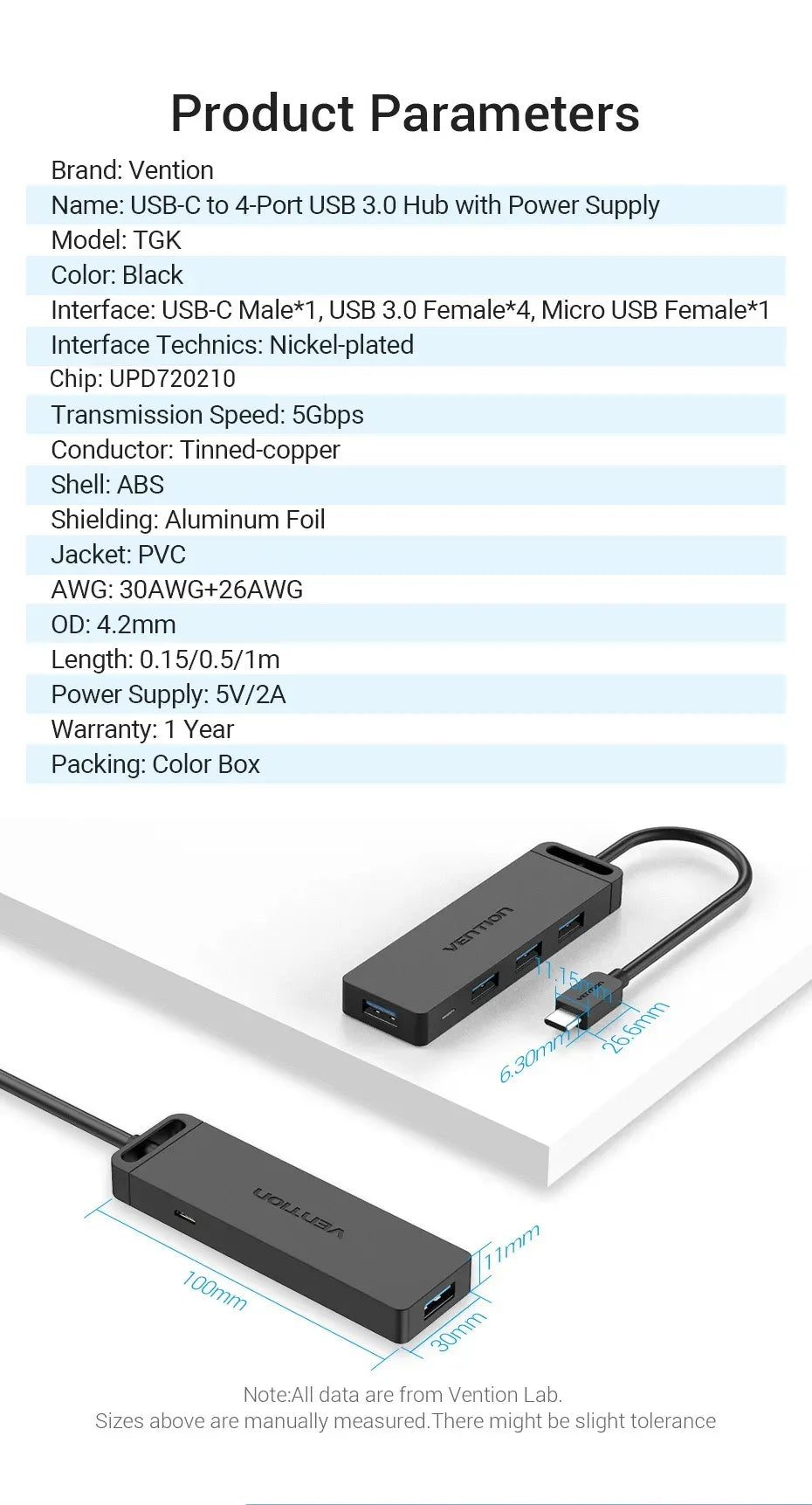 Vention Type-C to 4-Port USB 3.0 Hub with Power Supply Black 0.15M ABS Type (VEN TGKBB)