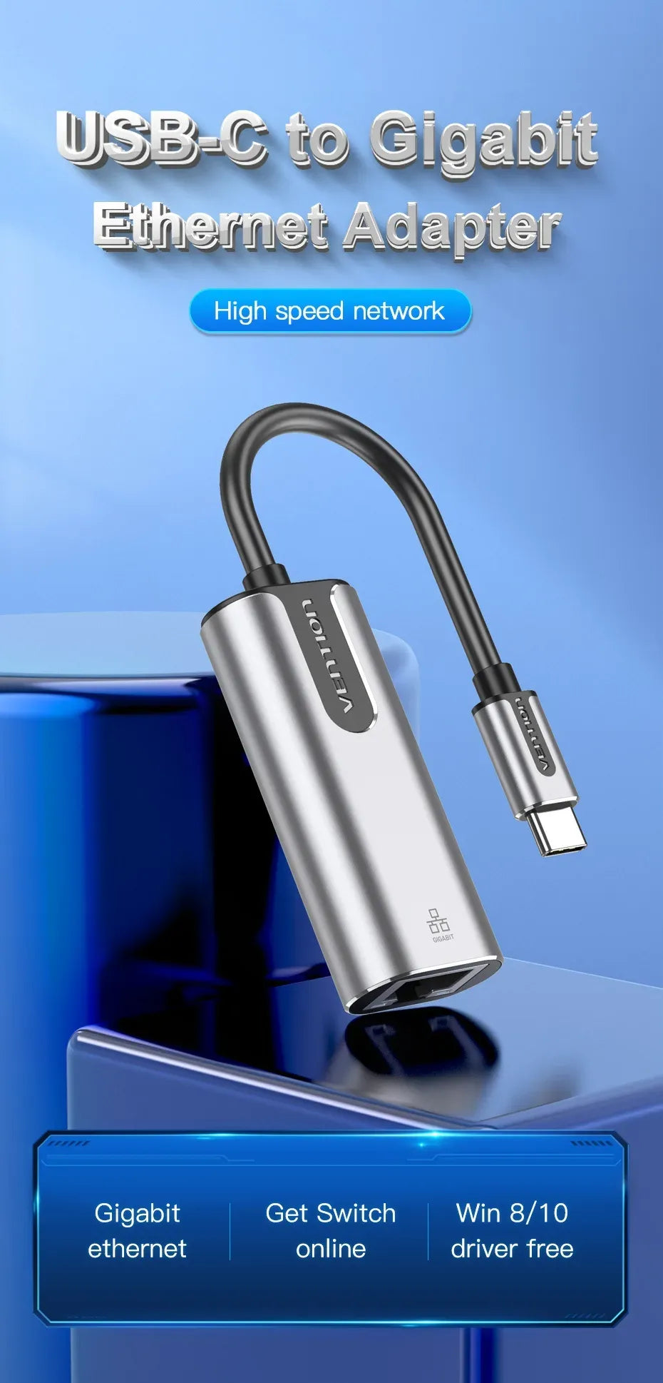 Vention USB-C to Gigabit Ethernet Adapter – 0.15M Cable, Gray Aluminum Alloy (VEN CFNHB)
