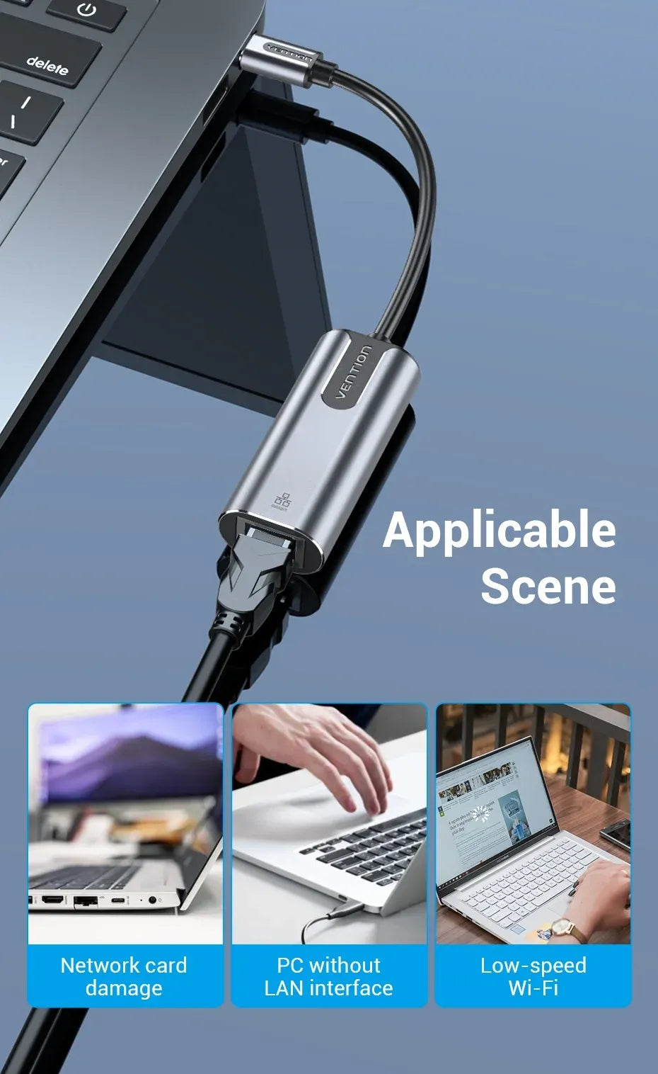 Vention USB-C to Gigabit Ethernet Adapter – 0.15M Cable, Gray Aluminum Alloy (VEN CFNHB)