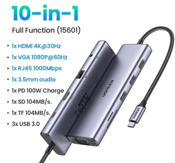 UGREEN USB-C 10 in 1 Multifunction Adapter CM498 15601 3*USB A 3.0,HDMI, VGA, RJ45 Gigabit, SD/TF, AUX 3.5mm + 100W PD Docking Station