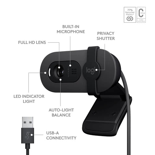 Logitech Brio 100 Full HD Webcam for Meetings and Streaming Auto-Light Balance Built-in Mic Privacy Shutter for Microsoft Teams Google Meet Zoom and More
