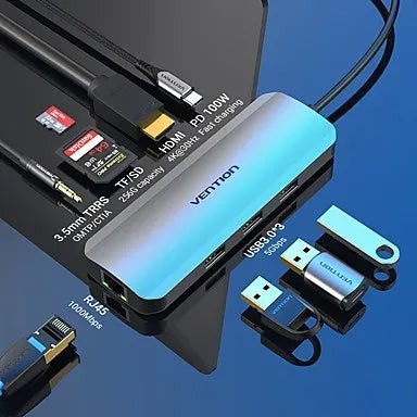 Vention USB-C MULTI-FUNCTIONAL 9 in 1 DOCKING STATION (VEN TOLHB) Type C to HDMI USB3.0x3 RJ45 SD TF TRRS 3.5mm PD (100W) 0.15M Gray Aluminum Alloy Type