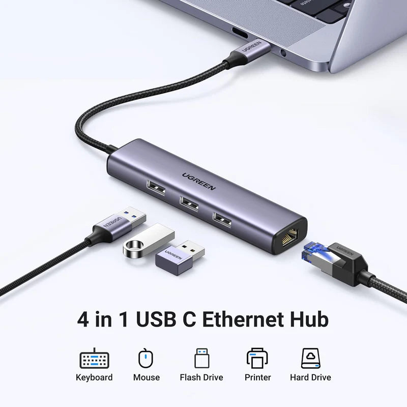 UGREEN CM475 20915 USB-C to USB 3.0 Hub (3 Ports) + Gigabit Ethernet 4 In 1 Hub