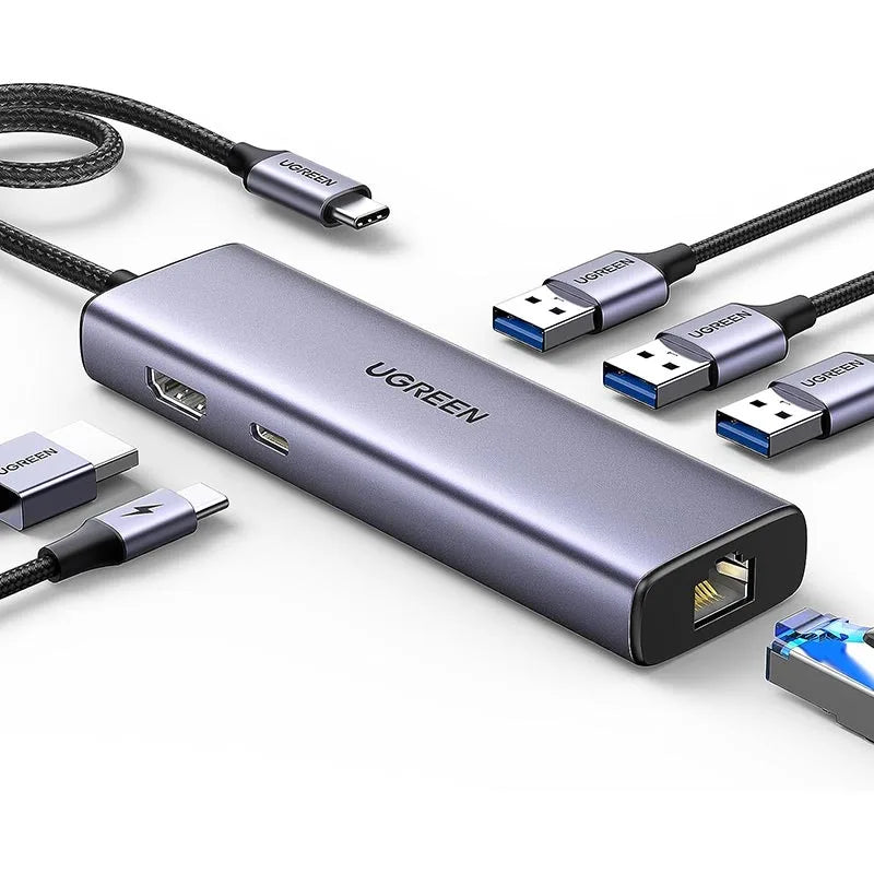 UGREEN 6-in-1 USB-C To 3*USB 3.0 A/HDMI/RJ45/ 100W PD Multi-function Hub – CM512 (UG-15598) – Gray