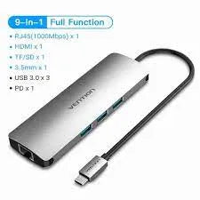 Vention USB-C MULTI-FUNCTIONAL 9 in 1 DOCKING STATION (VEN TOLHB) Type C to HDMI USB3.0x3 RJ45 SD TF TRRS 3.5mm PD (100W) 0.15M Gray Aluminum Alloy Type