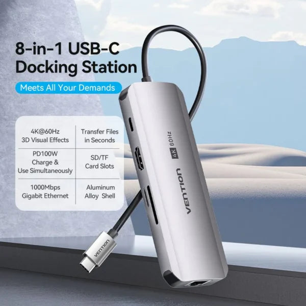 Vention 8-in-1 USB-C 100W Docking Station (3 x USB 3.0, RJ45, SD/TF,HDMI, 100W PD)-TQKHB
