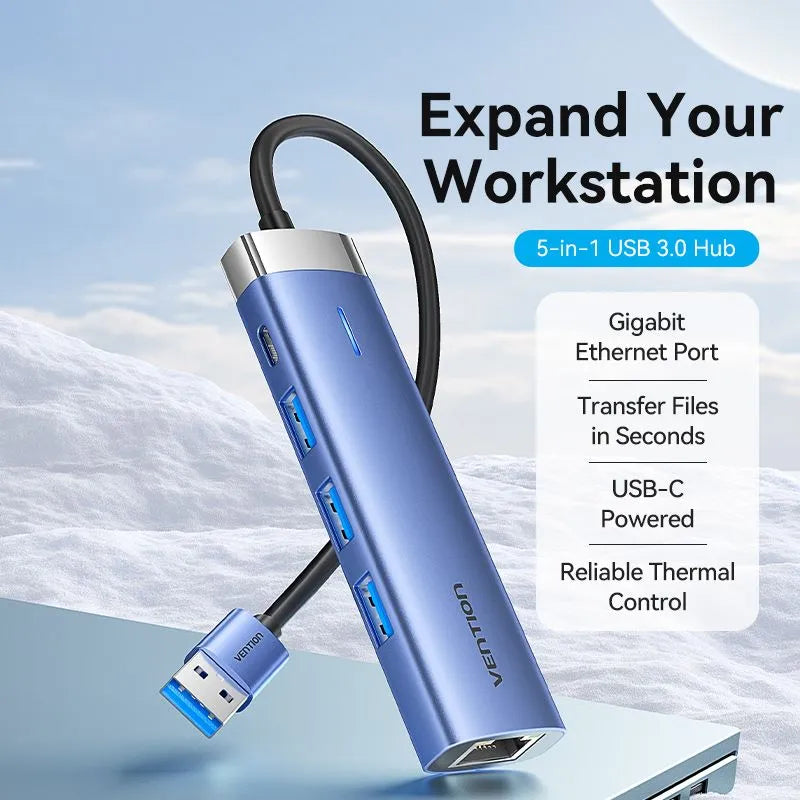 Vention 5-in-1 USB 3.0 to USB 3.0 x 3/RJ45/USB-C Hub 0.15M Blue Aluminum Alloy Type (VEN TGFSB)