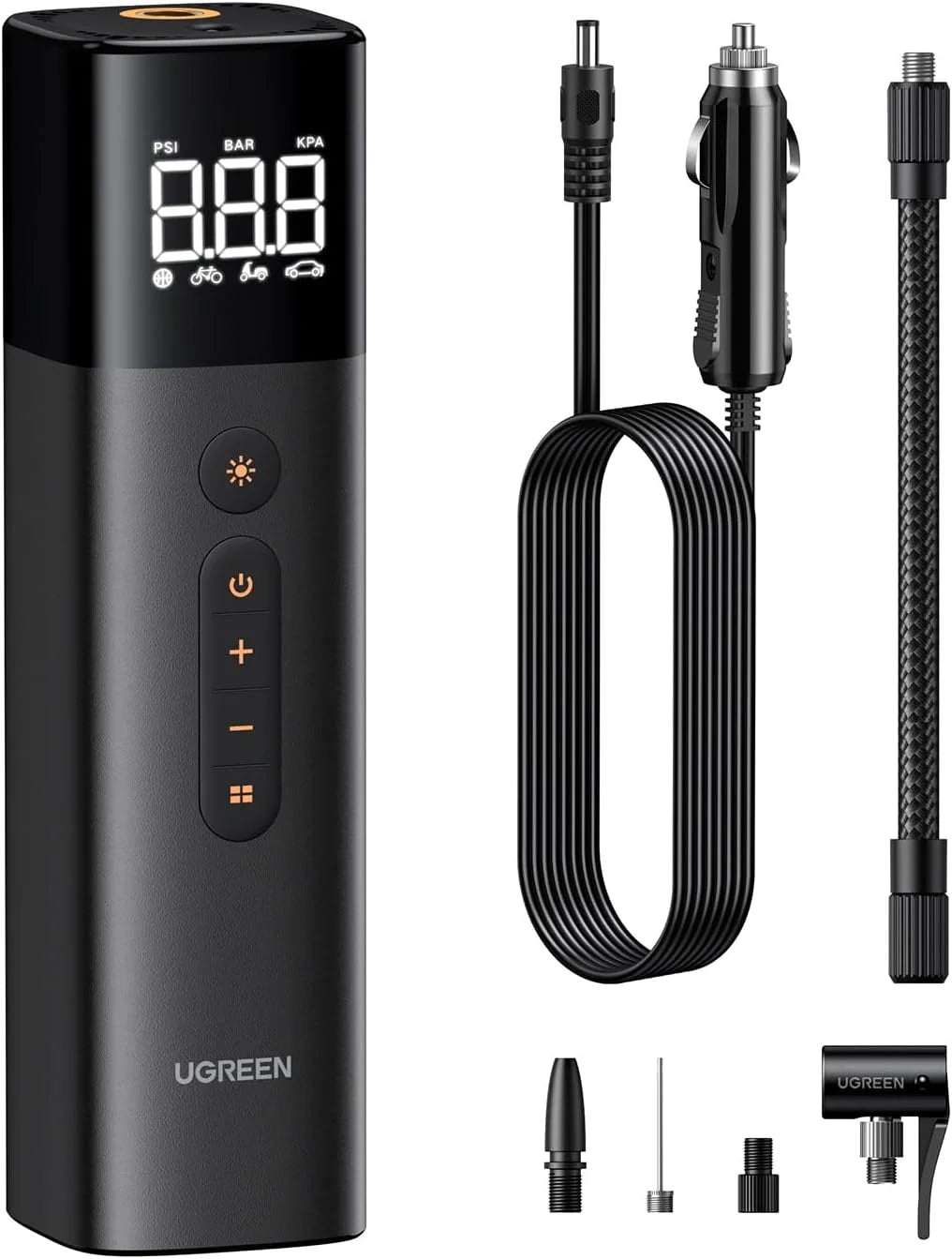 UGREEN Tyre Inflator Portable Air Pump 150PSI/10.3BAR DC 12V Air Compressor with LED Light, Tire Pressure Detection for Car, Bike, Motorcycle, Ball, Air Mattress, Pool Toys