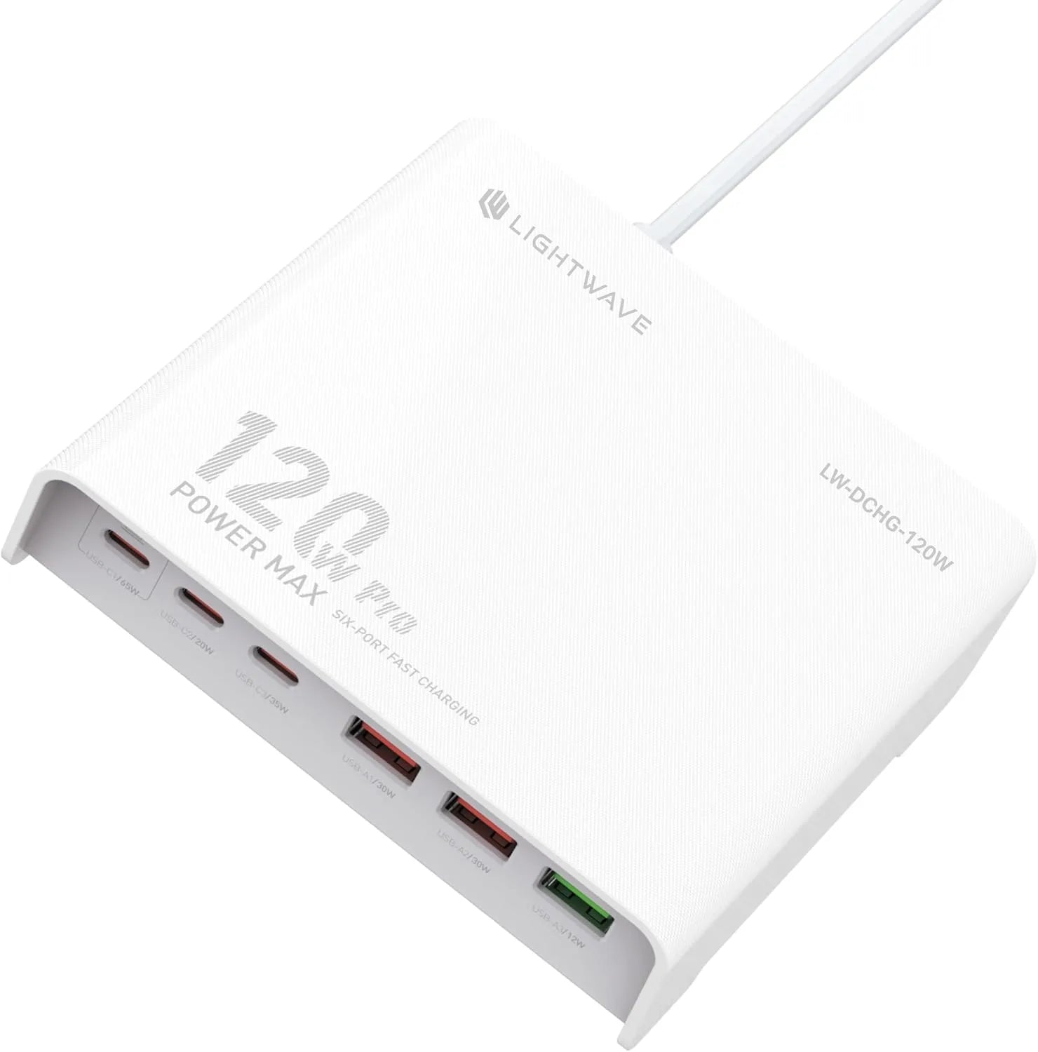 Light Wave LW-DCHG-120W Universal Desktop Charger 120W Power Rating 6-Port Fast Charging Polycarbonate Shell 100-240V, 50/60Hz 0.8A Max