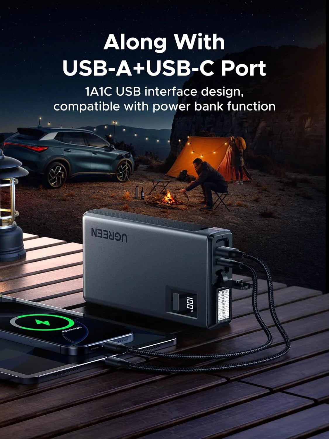 UGREEN Car Jump Starter Power Pack 1000A Car Battery Booster for Gasoline and Diesel Engines 12000mAh Portable Power Bank and Jump Leads with Digital Screen and LED Light for Emergency