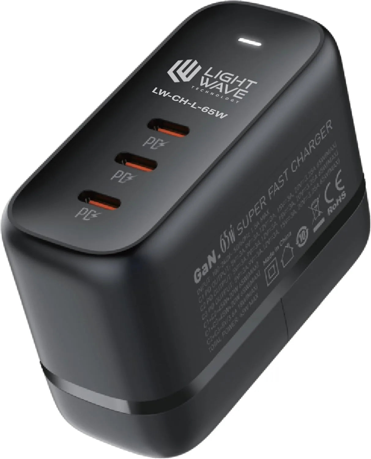 Light Wave LW-CH-L-65W Desktop Charger 3 USB Type-C Ports with PD 65W Power Output 2M Cable Fast Charging Solution
