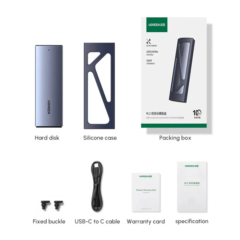UGREEN 10Gbps M.2 NVMe Enclosure Dual Protocol SSD Enclosure Aluminum M.2 Enclosure Support M.2 NVMe/SATA SSD