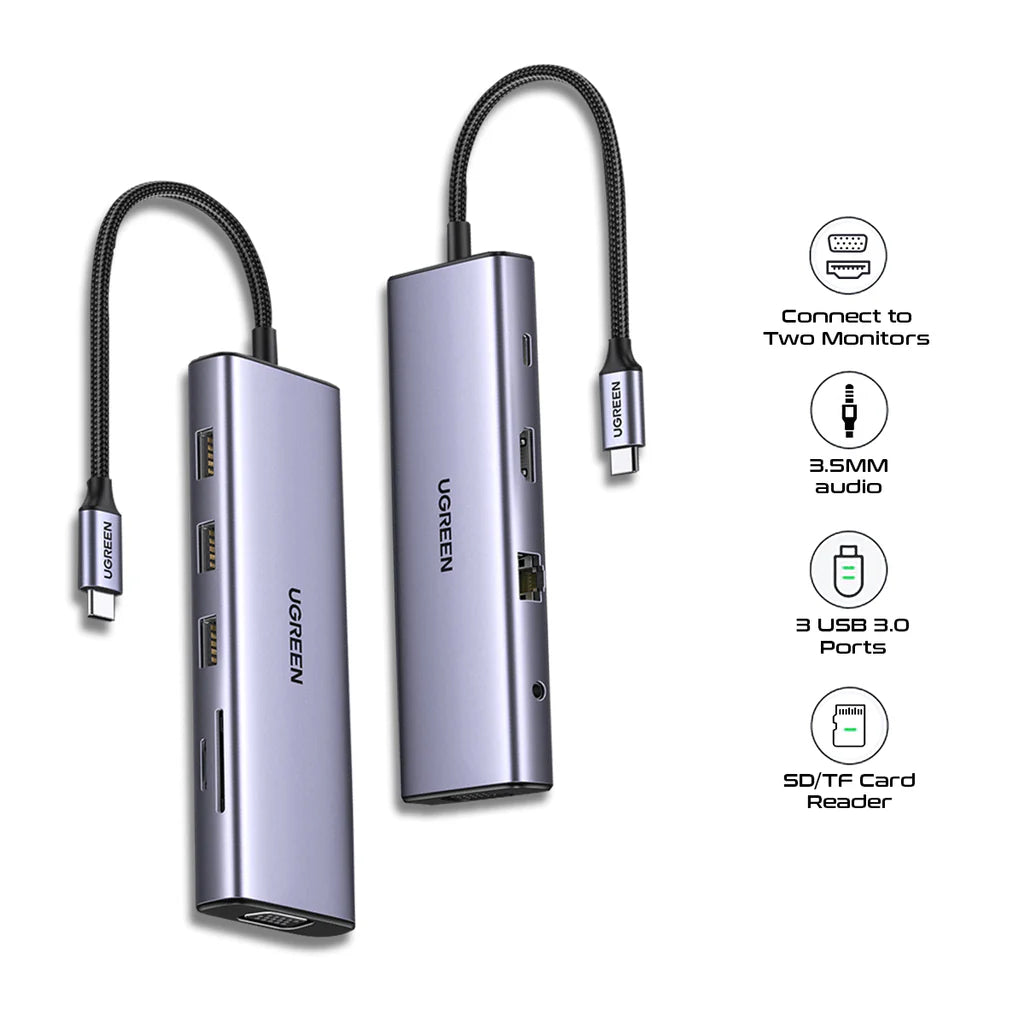 UGREEN USB-C 10 in 1 Multifunction Adapter CM498 15601 3*USB A 3.0,HDMI, VGA, RJ45 Gigabit, SD/TF, AUX 3.5mm + 100W PD Docking Station
