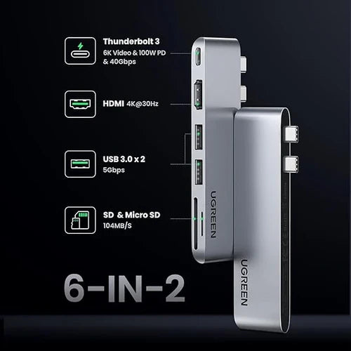 UGREEN CM380 80856 6-in-2 USB-C To 1 x HDMI, 2 x USB 3.0 Type-A Ports, 1 x SD Card Reader, 1 x TF (MicroSD) Card Reader, 1 x Thunderbolt 3 Port Multifunction Adapter