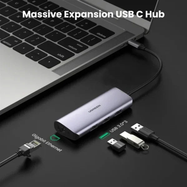 UGREEN USB-C to 3 USB 3.0 A Hub + Gigabit RJ45 + 100W PD 5 In 1 Docking Station CM252 60717
